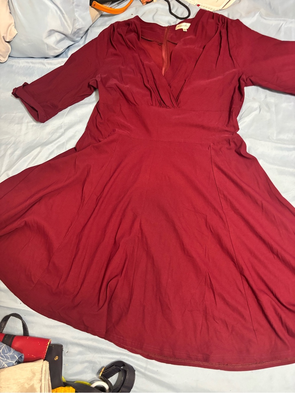 Asymmetrical Burgundy V-Neck Fit & Flare Dress